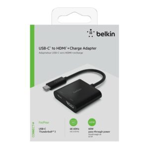 Belkin USB-C to HDMI + Charge Adapter - Adaptador de vídeo - 24 pin USB-C macho a HDMI, USB-C (solo alimentación) hembra - negro - compatibilidad con 4K, USB Power Delivery (60W)